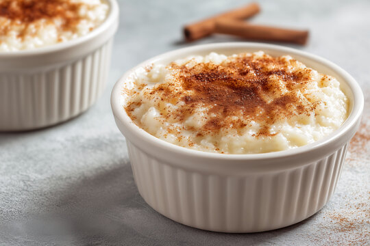 Creamy arroz doce Portuguese rice pudding topped with cinnamon. Traditional dessert with rich texture and warm flavor, popular in Portuguese cuisine.
