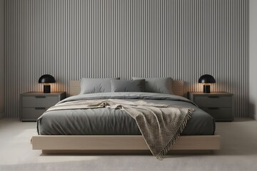 A serene bedroom interior features a neatly made bed with a gray comforter and pillows, accompanied by two nightstands and lamps on either side, set against a wall with vertical slats.