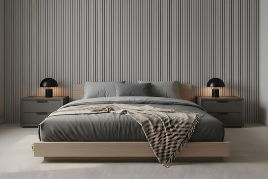 A serene bedroom interior features a neatly made bed with a gray comforter and pillows, accompanied by two nightstands and lamps on either side, set against a wall with vertical slats.