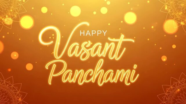 Vibrant Vasant Panchami Celebration Glowing Text Happy Spring Festival Orange Background Bokeh 4K Ai HD high quality video.