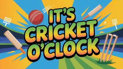 Vibrant cricket graphic with 'It's Cricket O'Clock' text and cricket gear