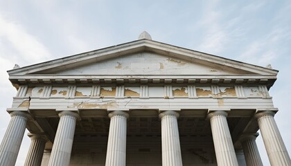 The ancient stone building stands majestically with columns under a cloudy sky outdoors during the day in a historical architectural landscape.