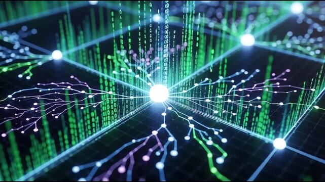 A futuristic network grid with glowing nodes and connections in a digital landscape viewed from a high-tech perspective