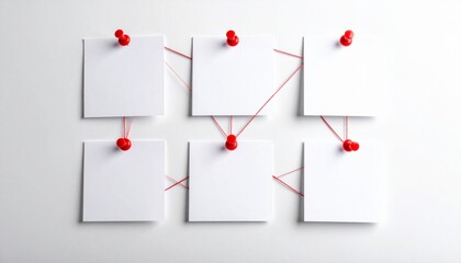 Investigation Board with Blank White Note Papers and Red String Connection Map on White Wall