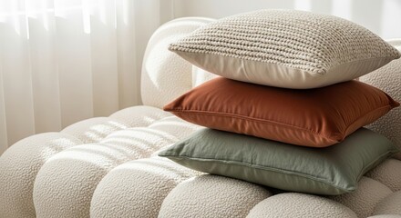 Stacked decorative throw pillows resting on a cozy boucle sofa with soft natural light, highlighting a modern interior design concept