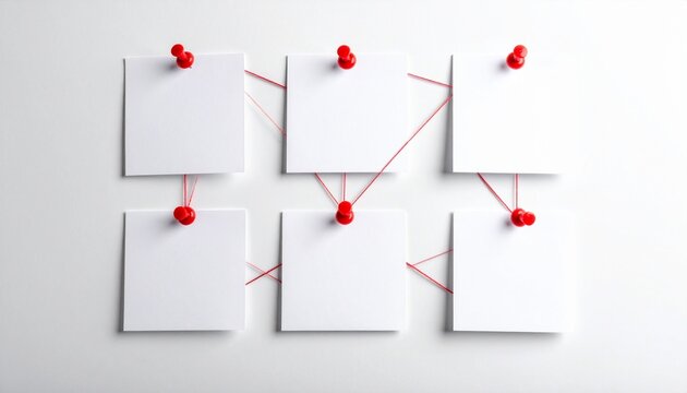 Investigation Board with Blank White Note Papers and Red String Connection Map on White Wall