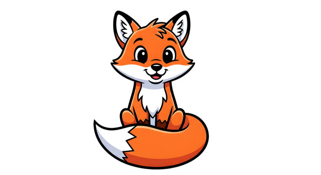 A delightful and charming cartoon illustration of a cute baby fox with big, expressive eyes and a fluffy tail, sitting expectantly and looking forward with a sweet smile, perfect for children's themes