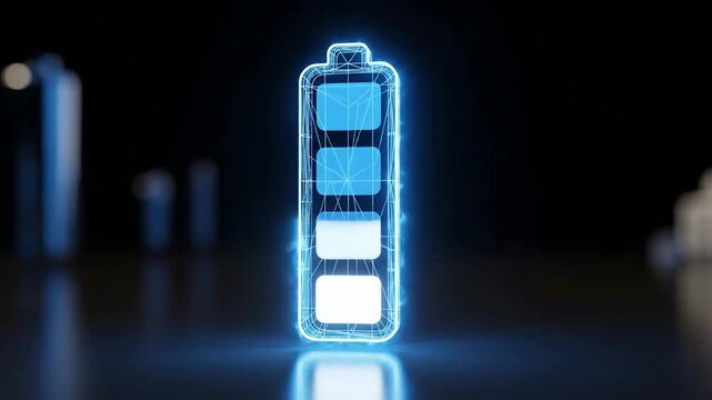 Futuristic glowing battery icon with full charge, representing energy and technology.