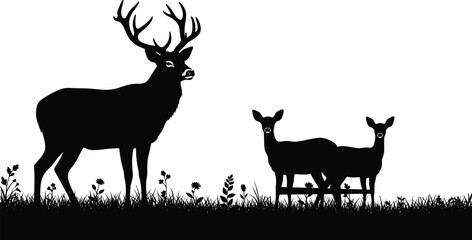 Majestic deer family silhouette vector illustration, stag and does standing in meadow grass wildlife nature scene forest animals black minimal design