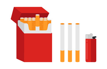 Cigarette pack, cigarettes, and lighter creating a smoking habit concept