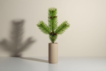 A small potted plant with green branches sits on a white table against a beige wall with a shadow.