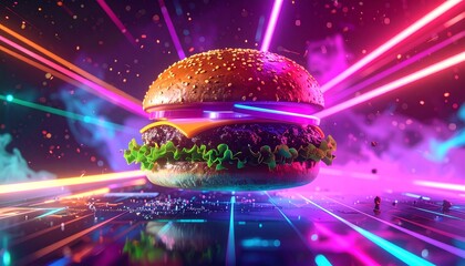 Vibrant holographic burger floating amidst colorful neon light trails, a futuristic concept for digital food and virtual dining art