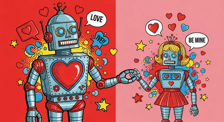 Robots man woman love Valentines day and wedding pop art retro style. Technology and emotions. Humor. Postcard on Valentine day.