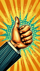 A hand with a thumbs up, which is a universally recognized gesture of approval, agreement, or positive assessment in pop art style.