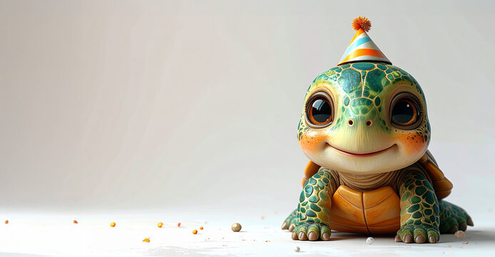 Adorable 3D Cartoon Turtle with Party Hat and Big Eyes for Birthday Greetings