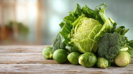 Fresh Green Vegetables Including Cabbage, Broccoli, Brussels Sprouts, and Leafy Greens on Rustic Wooden Table with Soft Background