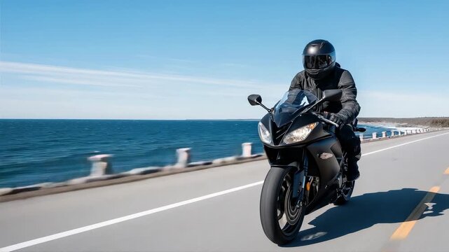 Dynamic motorcycle ride along ocean highway on a clear day