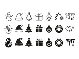Christmas Holiday Icon Set in Black Silhouette Vector Style