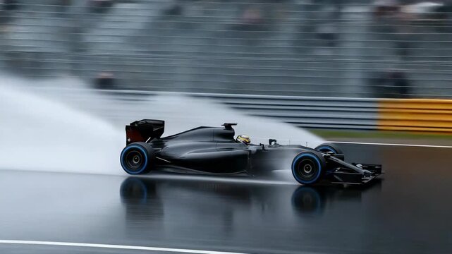 Formula one car racing through wet track showcasing speed and precision in rainy conditions