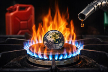 A conceptual image illustrating the global energy crisis and climate change. A visual metaphor for rising energy prices, fossil fuel dependence, inflation, and environmental risks. 