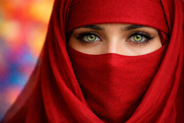 Muslim women with veils. Emphasis on the eyes, filled with sadness, grief, and pain. Female independence, feminism, freedom, equality, rights.