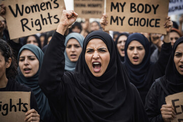 A woman at a street protest in Iran. The struggle for independence, feminism, and protest. Street unrest.