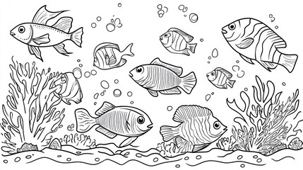 Underwater fish scene, coral reef, black and white illustration, coloring book