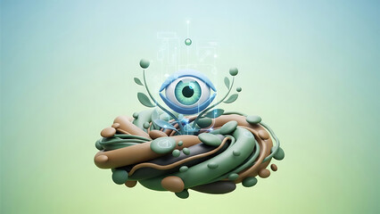 Futuristic cybernetic eye resting in a organic nest with glowing digital elements