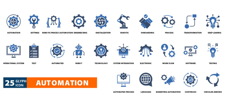 automation icon set with automation, settings, robotic process automation, engineering, digitalization, robotic, onboarding, process, transformation, deep learning, operational system, test, automated