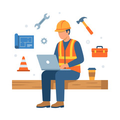 Construction worker using laptop, planning construction project