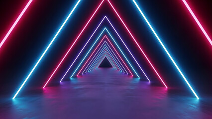 Neon lights illuminate a futuristic triangular corridor with vibrant colors and sleek architecture