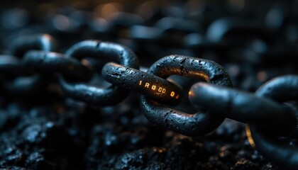 Adaptive security infrastructure concept. A close-up of a dark, textured chain link against a blurred background, highlighting its industrial and robust characteristics.