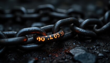 Adaptive security infrastructure concept. A close-up of a rusty chain link, illuminated with glowing numbers, resting on a dark, textured surface.