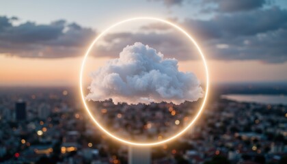 Adaptive security infrastructure concept. A surreal cloud encased in a glowing circle floats above a blurred cityscape, creating a dreamy, ethereal atmosphere.