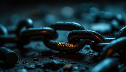 Adaptive security infrastructure concept. A close-up view of a dark, metallic chain resting on a textured surface, featuring a visible number sequence illuminated in soft light.