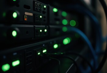 Adaptive security infrastructure concept. A close-up of server equipment with illuminated green lights and connected cables, emphasizing technology and data management.