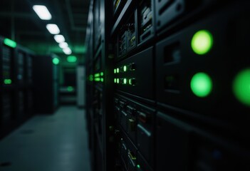Adaptive security infrastructure concept. A dimly lit server room featuring rows of servers with glowing green lights, showcasing a technological environment.
