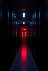 Adaptive security infrastructure concept. A dark corridor lined with lockers, illuminated by red and blue lights, creating a mysterious and futuristic atmosphere.