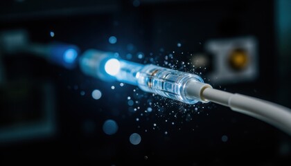 Adaptive security infrastructure concept. A close-up of a glowing cable with sparks, showcasing a dynamic blend of technology and energy in a dark environment.