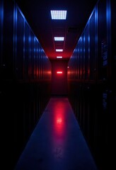Adaptive security infrastructure concept. A dimly lit corridor lined with dark lockers, featuring vibrant red and blue lighting, creating a mysterious and modern atmosphere.