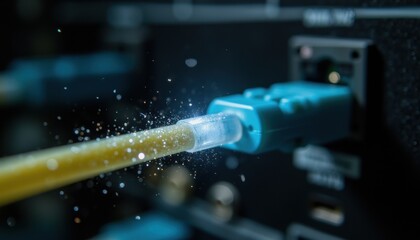 Adaptive security infrastructure concept. A close-up of a fiber optic cable connector emitting light and energy, illustrating advanced technology in data transmission.