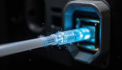 Adaptive security infrastructure concept. A close-up image of a glowing blue cable being inserted into a metallic port, highlighting technology and connectivity.