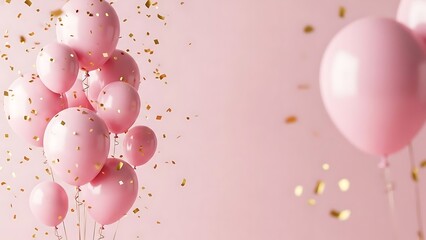 Pink balloons and confetti on a pink background for a celebration