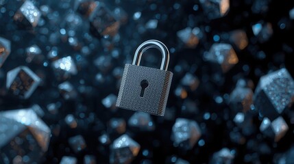 Adaptive security infrastructure concept. A digital lock surrounded by floating geometric shapes, set against a dark, shimmering background, symbolizes security and protection in the digital world.