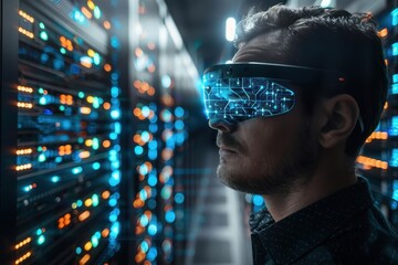 Adaptive security infrastructure concept. A man wearing futuristic goggles stands in front of a server rack, bathed in vibrant blue and orange lights, suggesting advanced technology and data explore