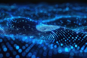 Adaptive security infrastructure concept. A mesmerizing blue digital landscape featuring waves of glowing dots, creating an abstract representation of data or technology.