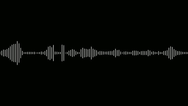 Sound waveform spectrum animation on black background. White sound waves meter- Lines audio wave visualisation. Audio waves rhythm isolated on dark background. Music waves oscillation modern.