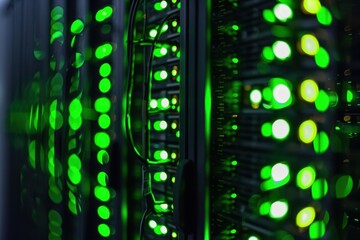 Adaptive security infrastructure concept. A vibrant display of green lights illuminating server racks, showcasing modern technology and data storage systems.