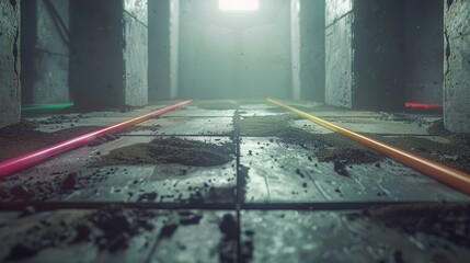 Adaptive security infrastructure concept. A dimly lit corridor features colorful neon lines on a dusty floor, creating a futuristic atmosphere with a hint of mystery.