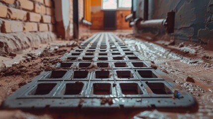 Adaptive security infrastructure concept. A close-up view of a drainage grate on a muddy floor, showcasing construction or renovation work in progress.